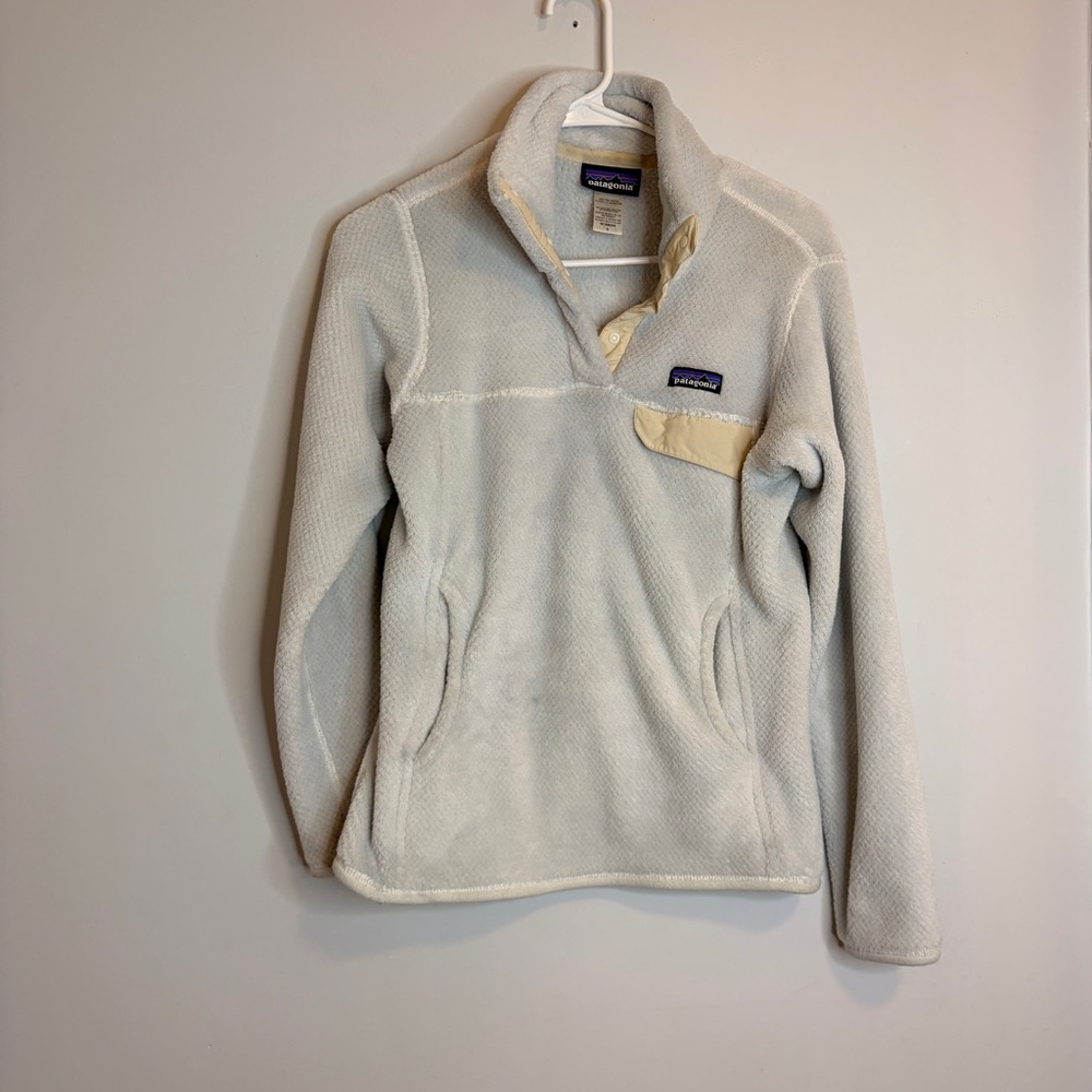 Patagonia Jacket Cream Fleece Snap Pullover with Beige Trim Small